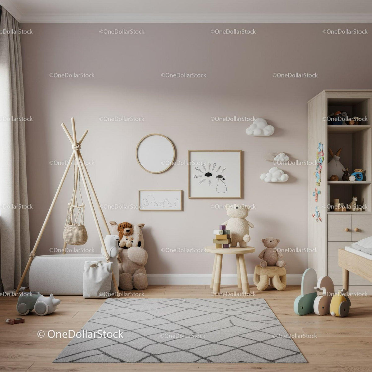 Cozy Children's Bedroom with Plush Toys and Neutral Decor
