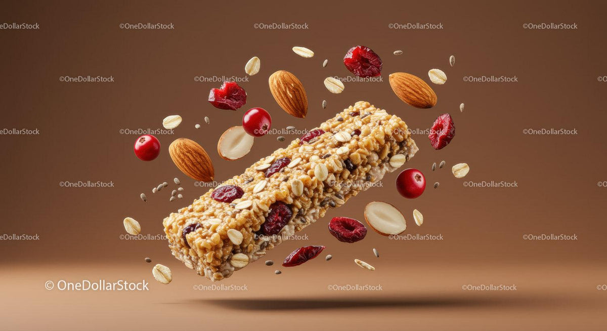 Nut and Berry Granola Bar Surrounded by Ingredients