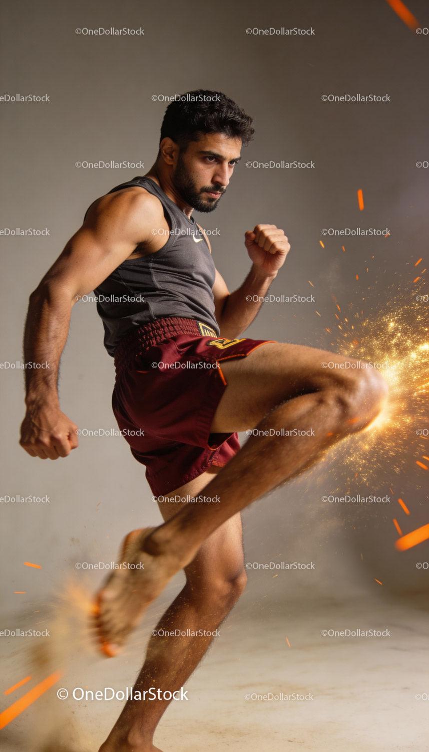Focused Martial Artist Executing Powerful Kick with Sparks