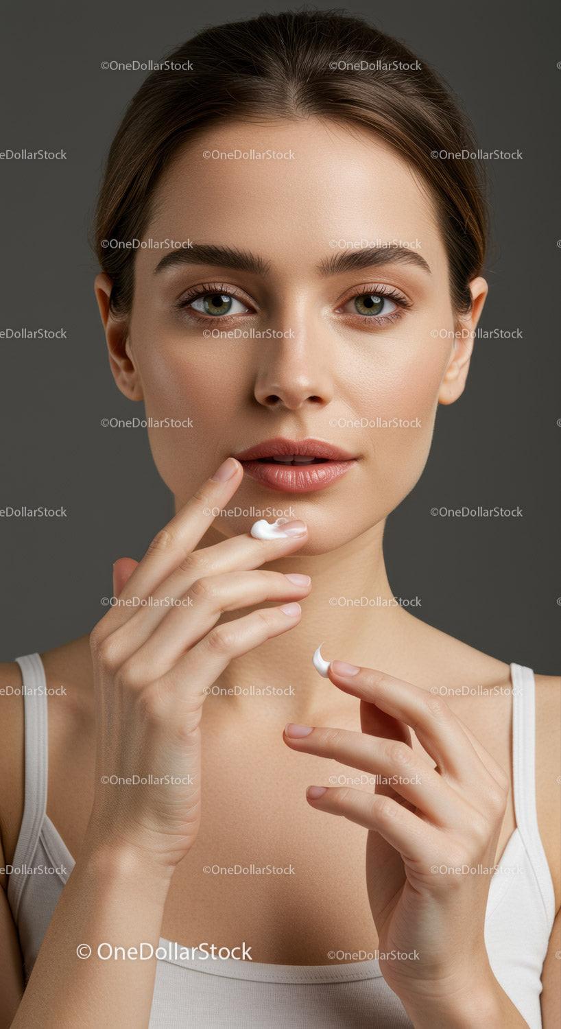 Portrait of a Beautiful Woman Applying Skincare Cream for Flawless Skin