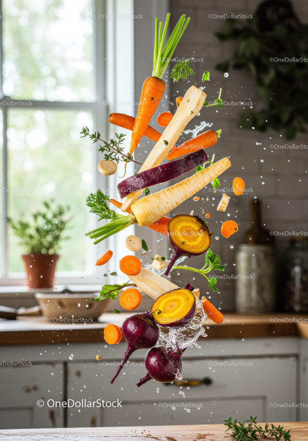 Fresh Root Vegetables Splashing in Kitchen Air