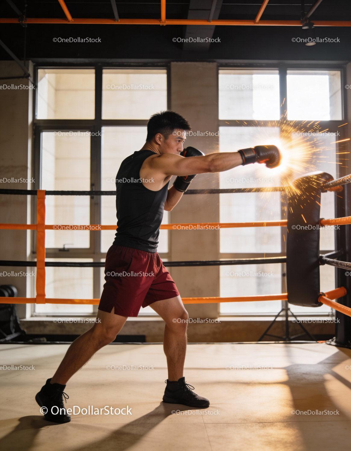 Boxer practicing powerful punch in modern gym ring