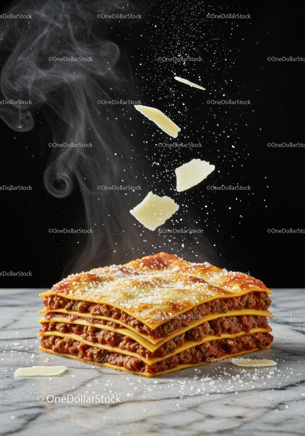 Steaming layered lasagna slice with falling parmesan cheese