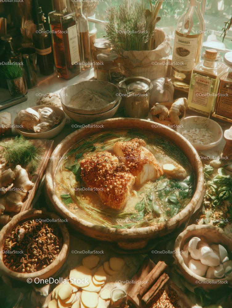 Herb-Seasoned Roast Chicken Cooking in Rustic Kitchen Stock Photo Bundle preview 14