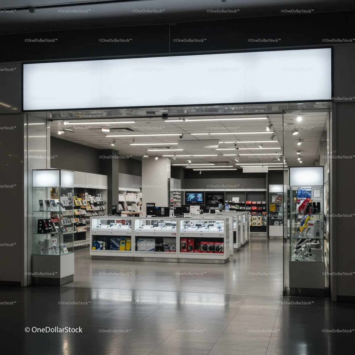 Modern Electronics Store Interior with Display Counters JPG Mockup Image preview