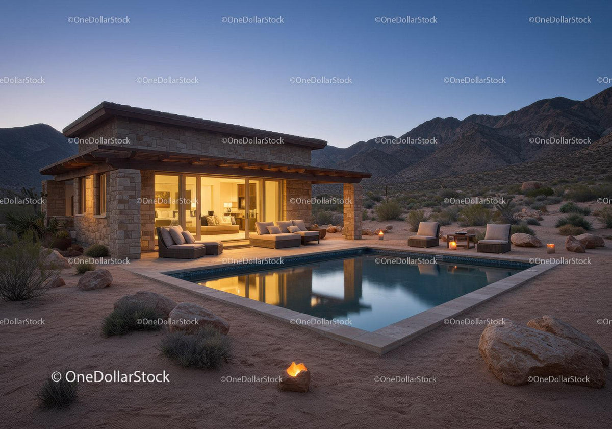 Luxury Desert Home with Swimming Pool and Mountain View at Dusk