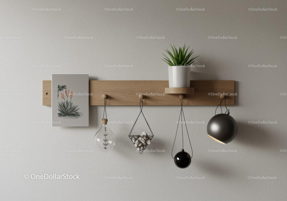 Stylish Modern Wall Shelf with Green Houseplant and Hanging Lights