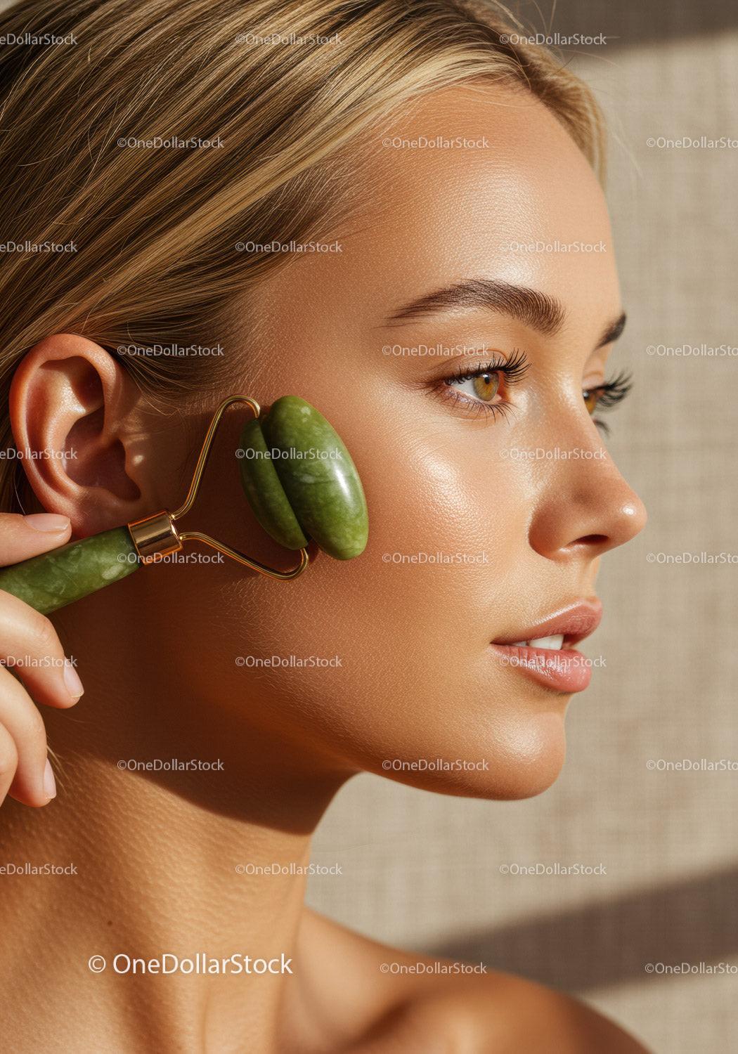 Young Woman Using Jade Roller for Glowing Skin Skincare Ritual