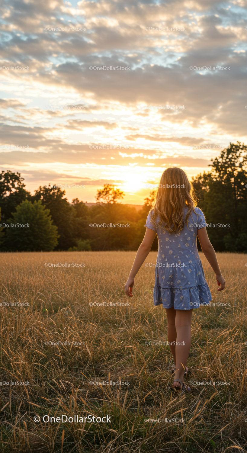 Young girl walking through golden field at sunset