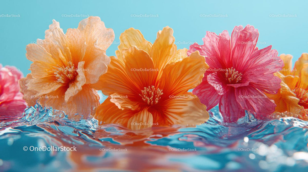 Orange and pink hibiscus flowers floating on rippling water with blue background