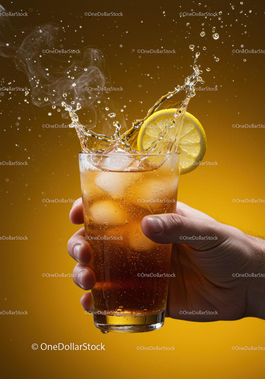 Hand Holding Iced Tea with Lemon Splash