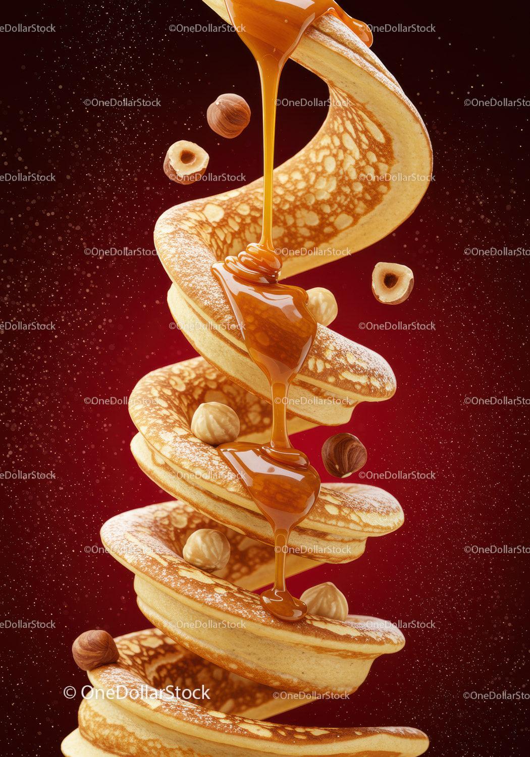 Stack of pancakes with caramel sauce and hazelnuts