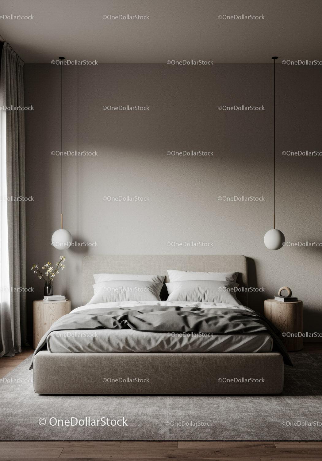 Elegant Minimalist Bedroom with Beige Upholstered Bed and Neutral Decor