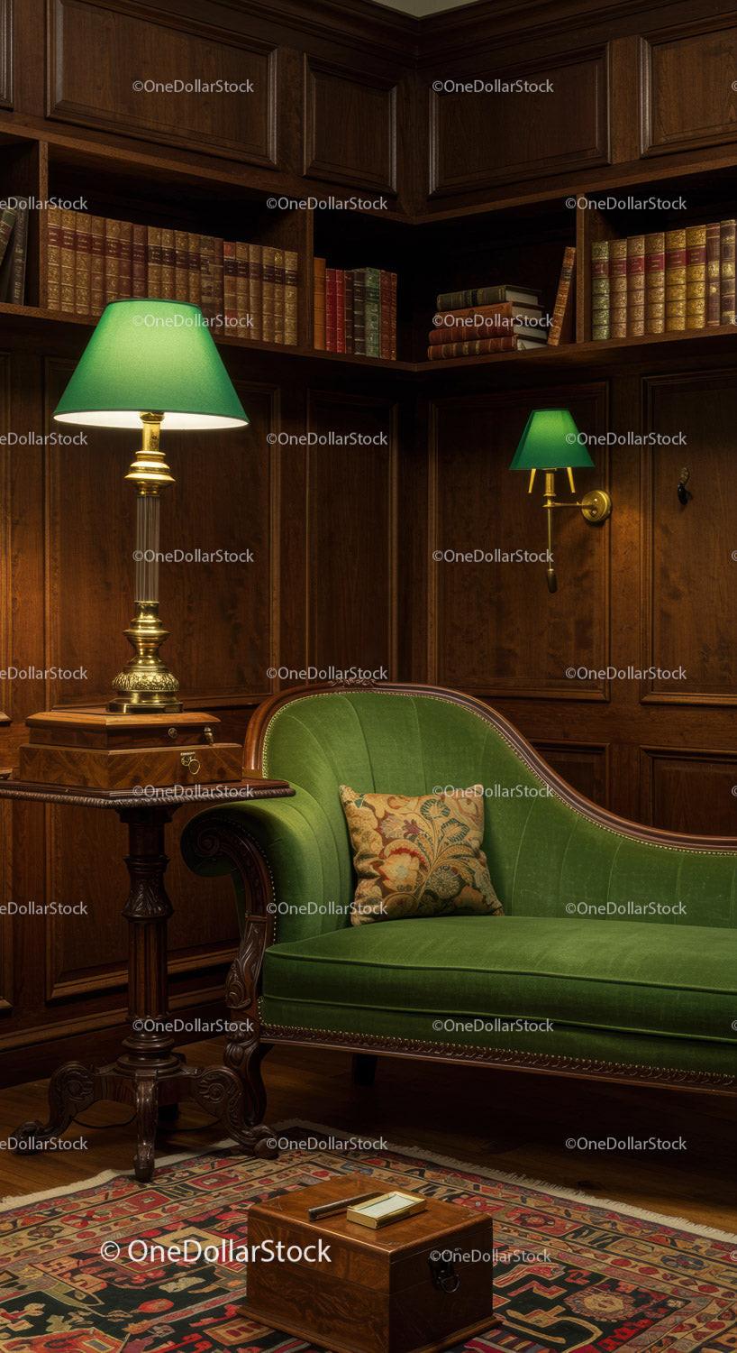 Cozy classic library corner with green velvet sofa