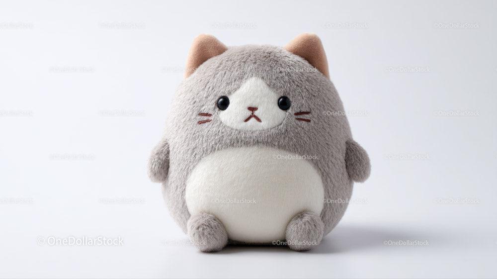 Gray plush cat toy with white belly and round shape on plain background