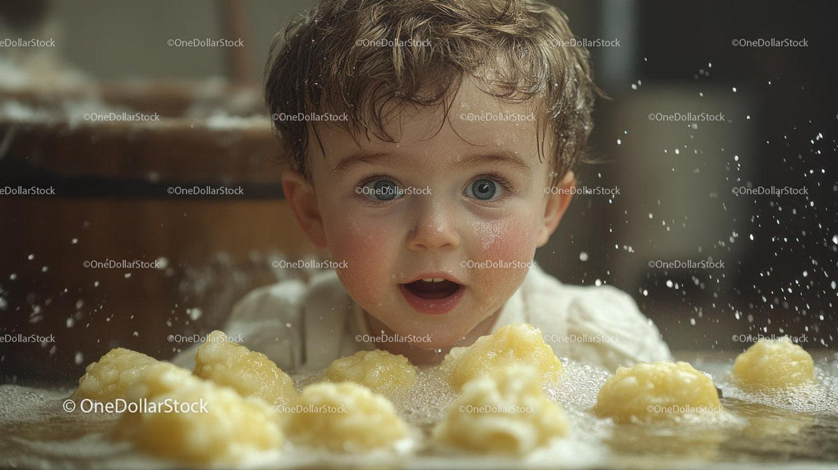 Curly haired toddler with blue eyes behind wooden table with dough balls and water droplets