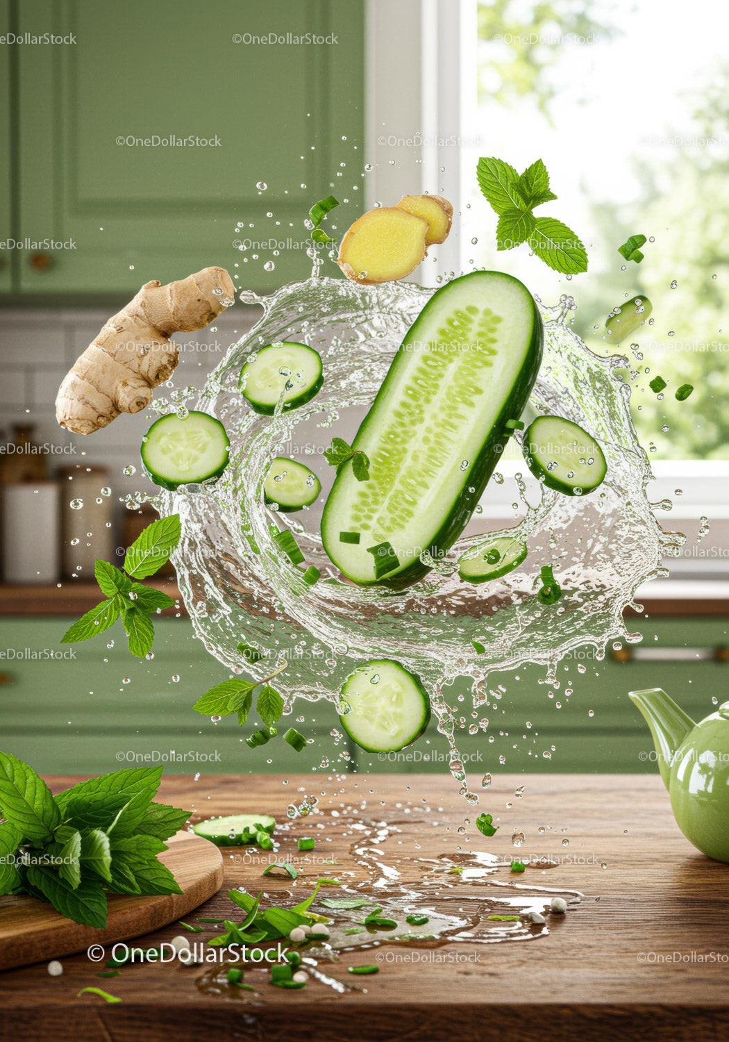 Fresh cucumber ginger splash with mint leaves in kitchen
