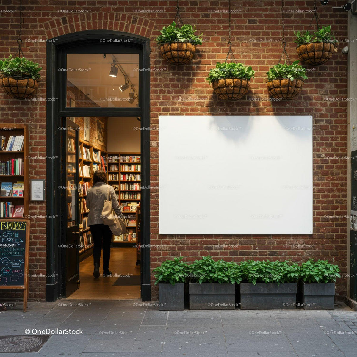 Woman entering cozy bookstore with brick facade JPG Mockup Image preview