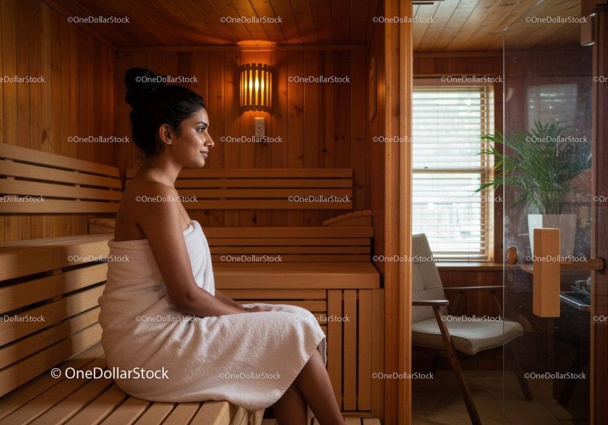 Relaxing Woman Sitting in Sauna with Wooden Interior and Natural Light