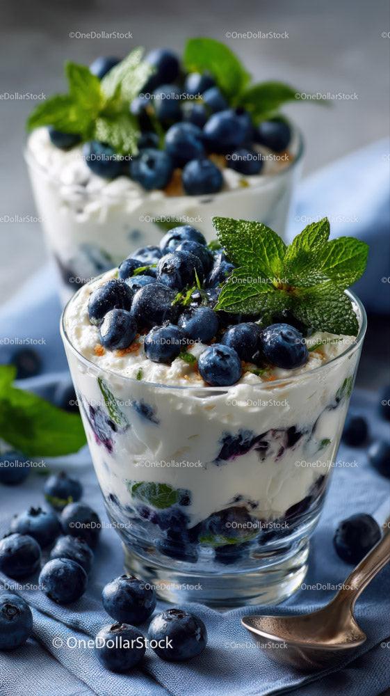 Berry Cheesecake in Glass Cup with Fresh Mint and Blueberries Stock Photo Bundle preview 19