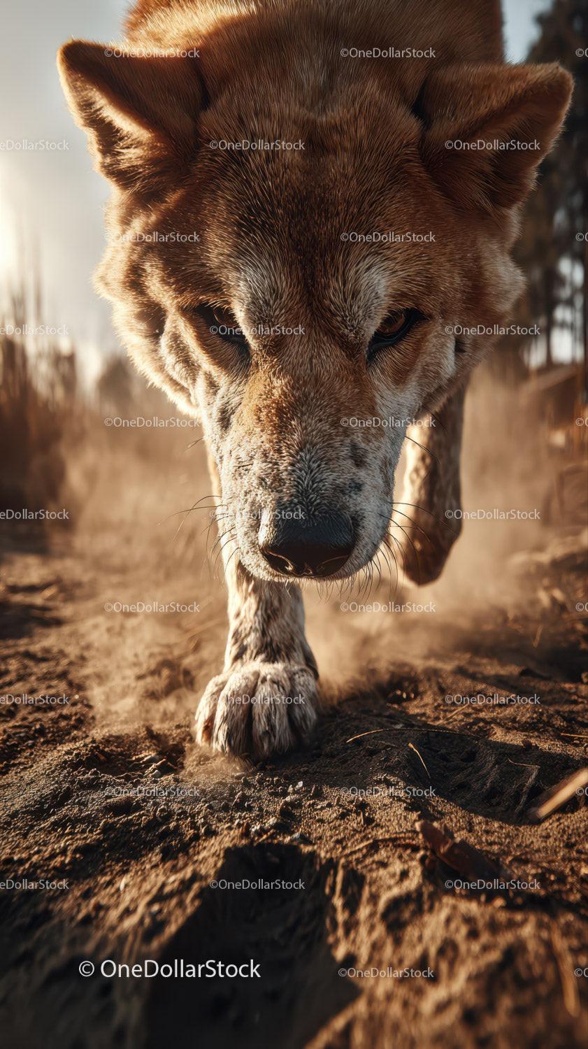 Close-Up of a Curious Brown Dog Walking on Dirt Trail