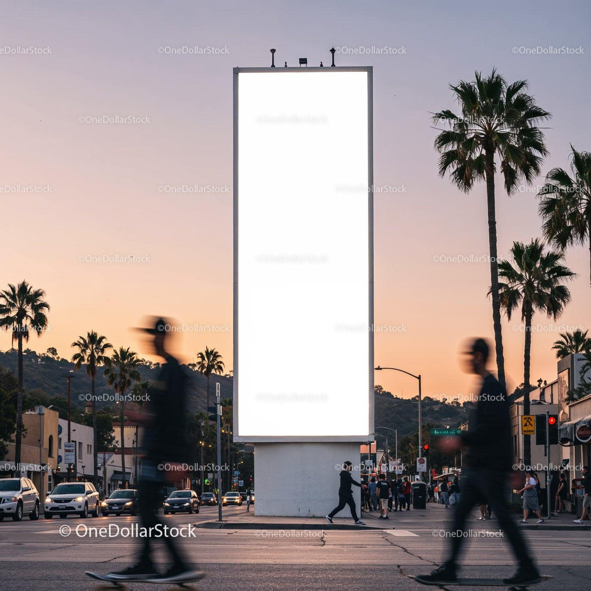 Sunset city street with tall blank billboard and pedestrians JPG Mockup Image preview
