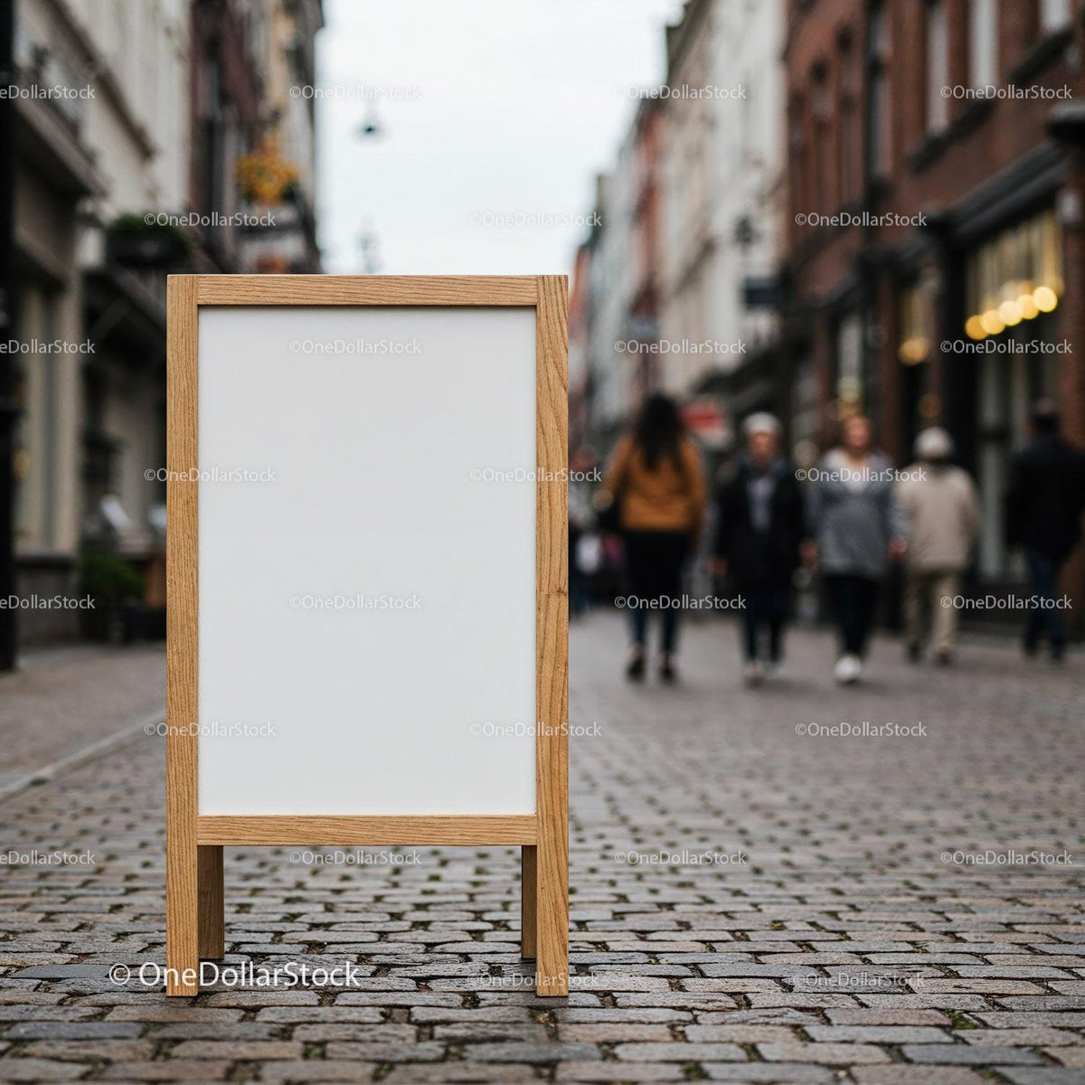 Wooden Frame Blank Signboard on Urban Cobblestone Street JPG Mockup Image preview
