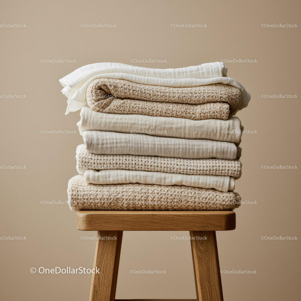 Stack of Soft Neutral Towels on Wooden Stool