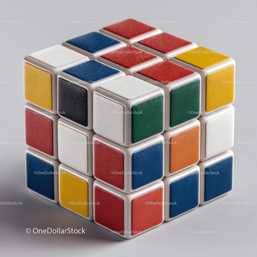 Textured colorful cube puzzle with red, blue, green, yellow, black, orange, and white squares