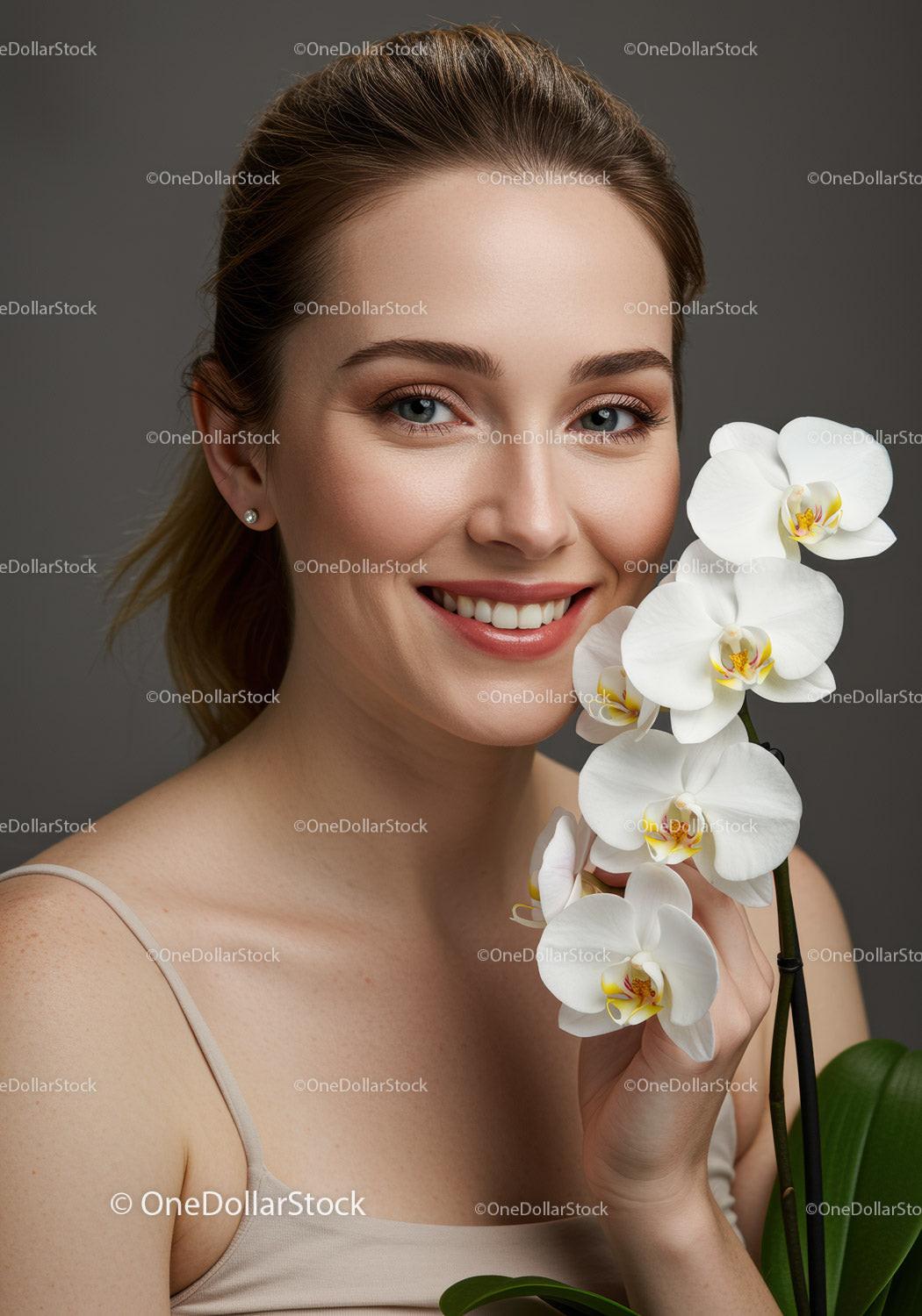 Elegant Woman with White Orchid Flower Portrait