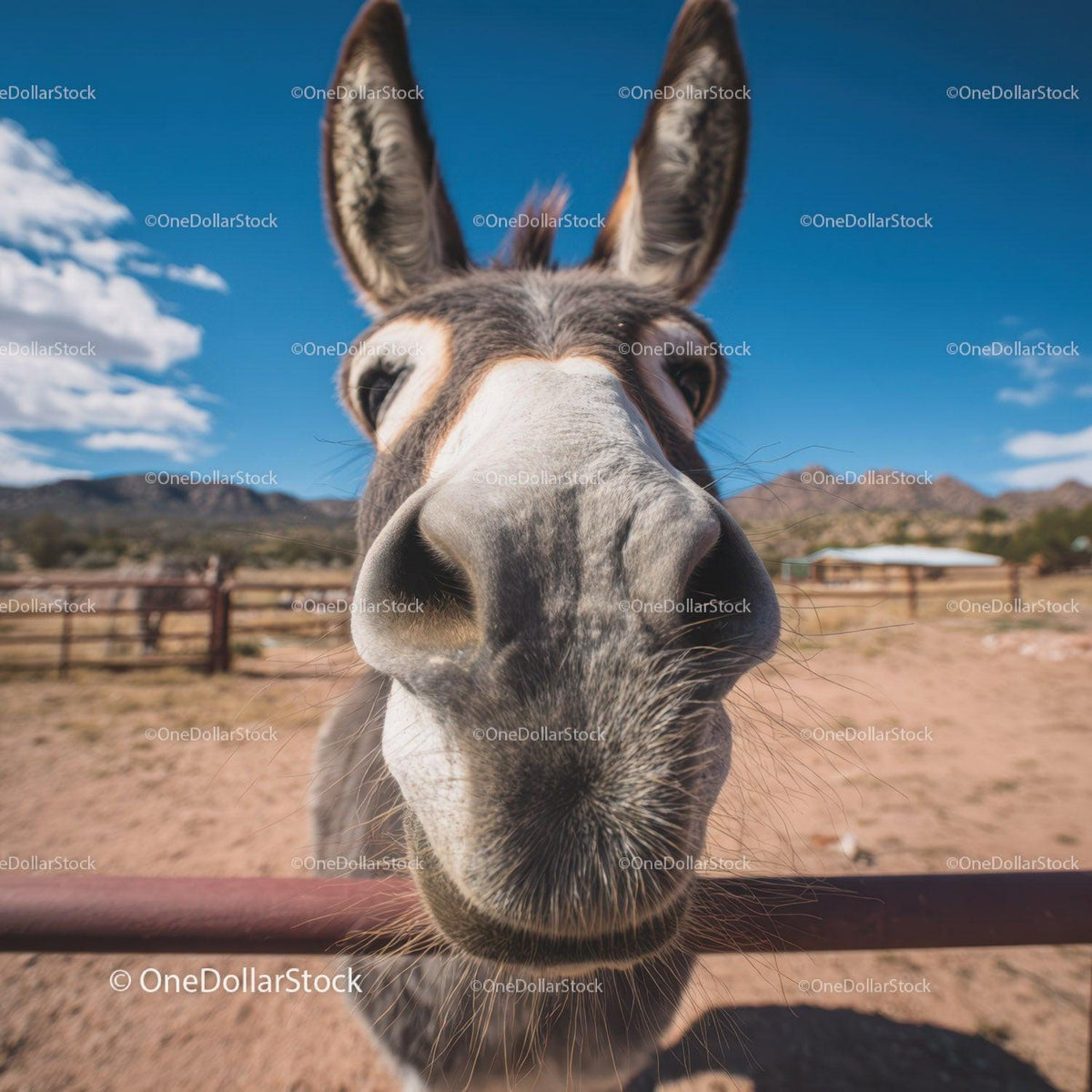 Close-Up of Donkey Nose in Rural Landscape Under Blue Sky