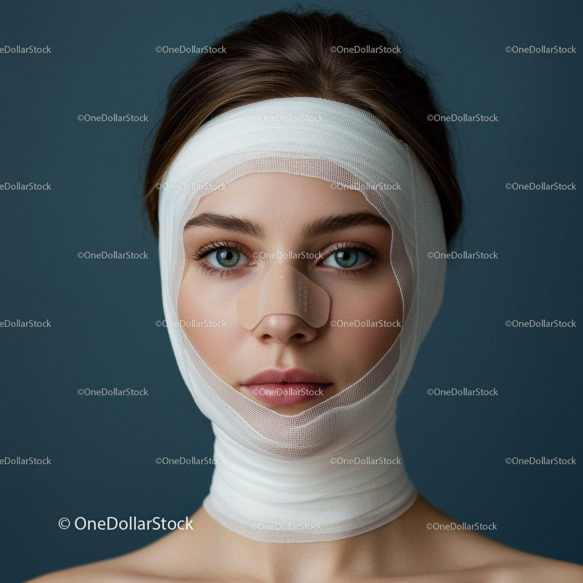 Woman with Facial Bandages and Medical Compression Wraps Beautiful Skin