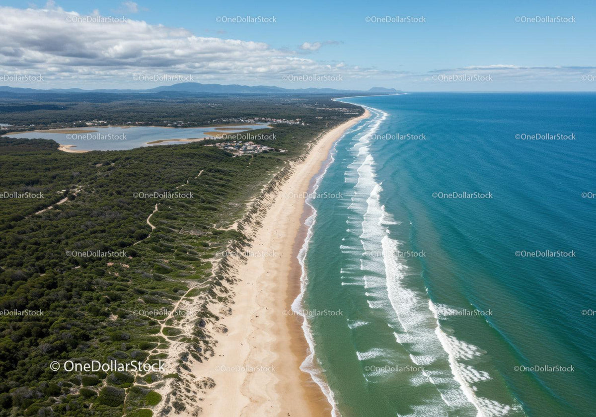 Stretching Sandy Beach with Ocean Waves and Green Dunes Aerial View