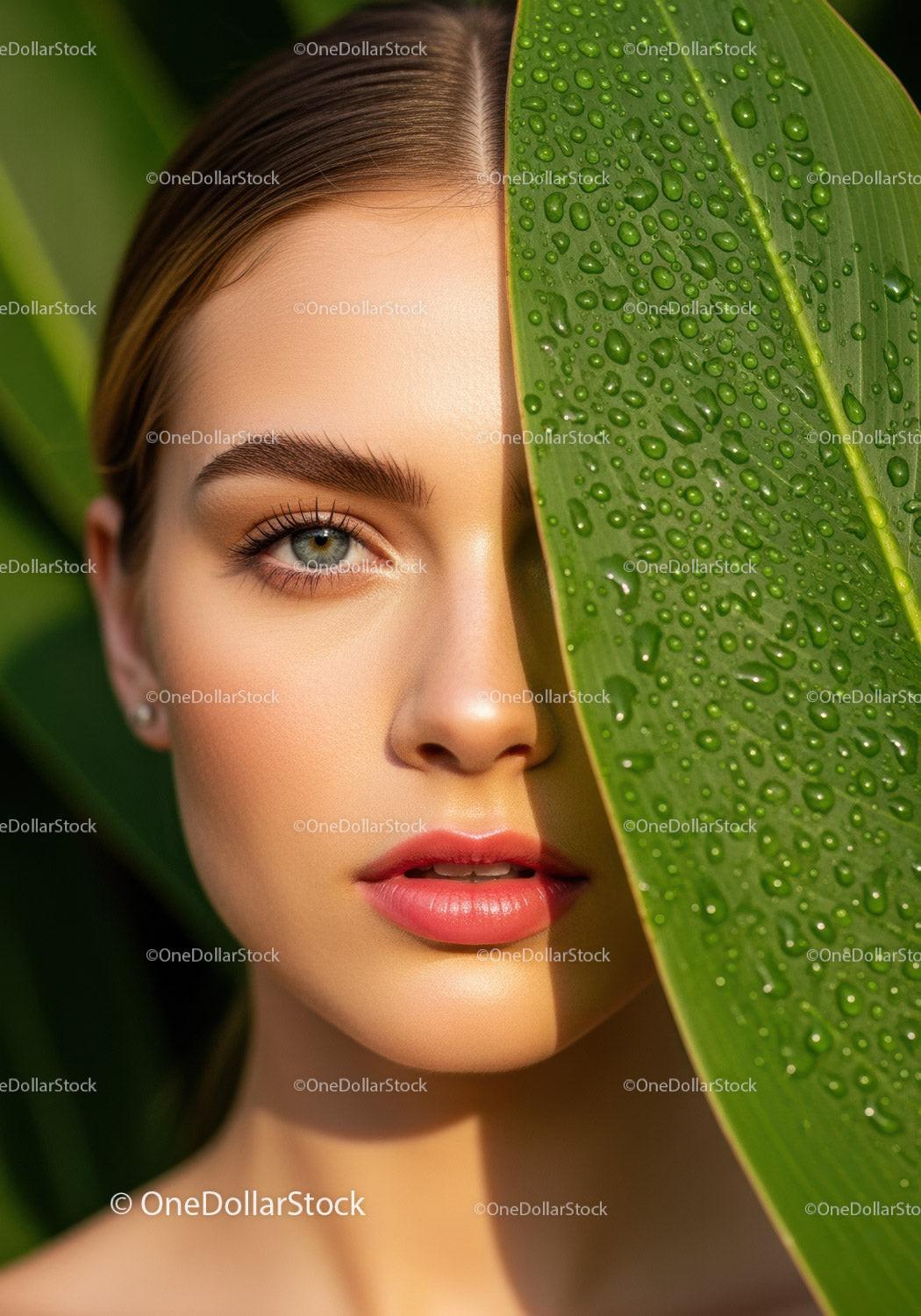 Elegant Woman with Dew Drops and Tropical Green Leaf Close-Up