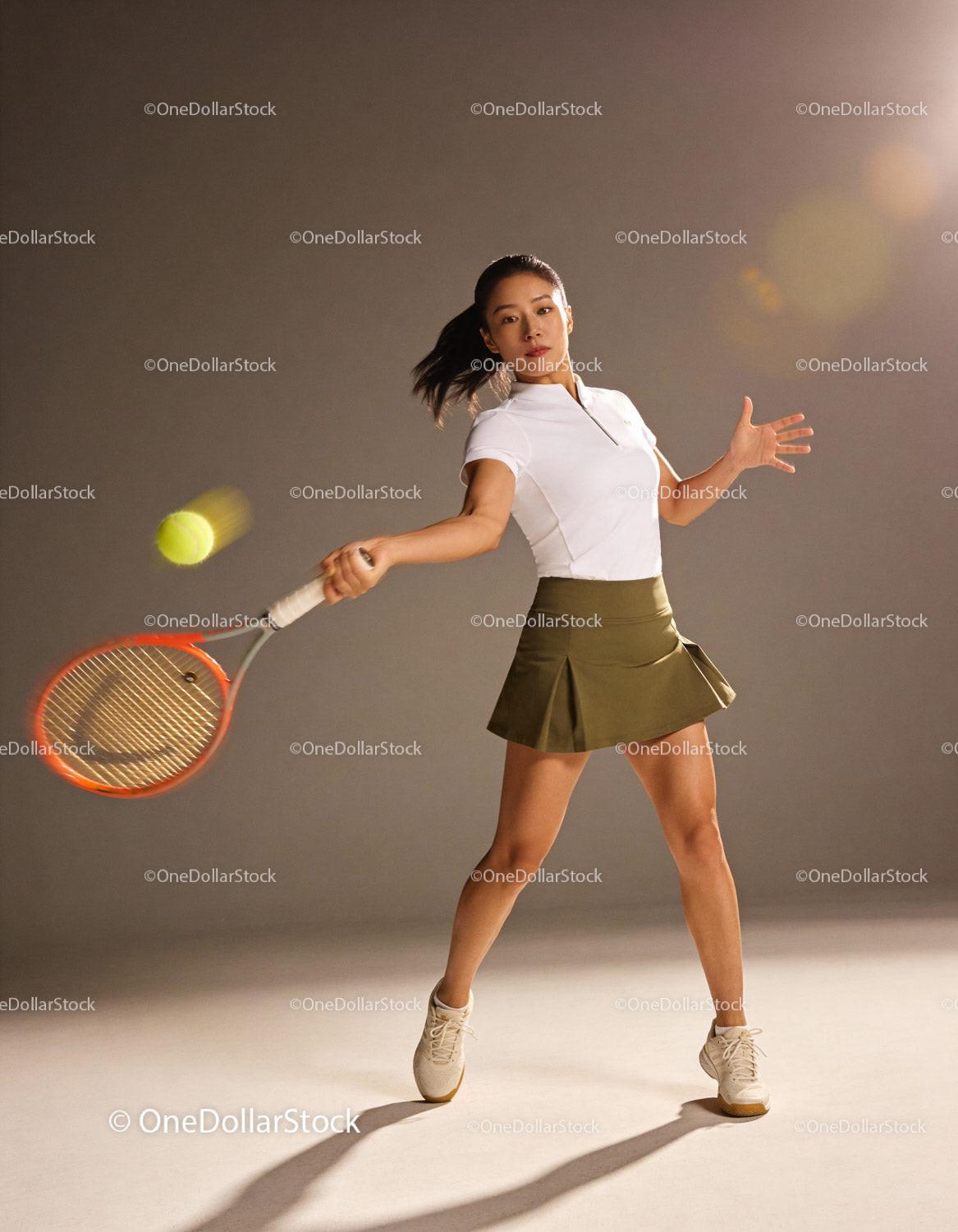 Female tennis player striking a forehand shot indoors