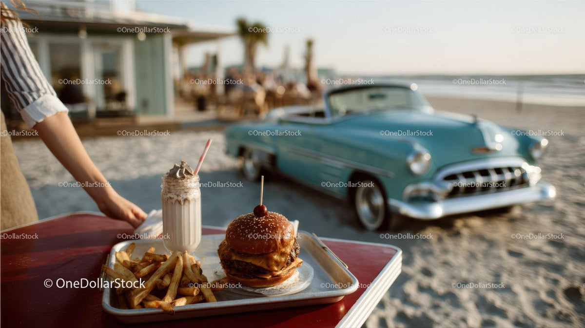 Beachside Cheeseburger French Fries and Milkshake with Classic Car Stock Photo Bundle preview 6