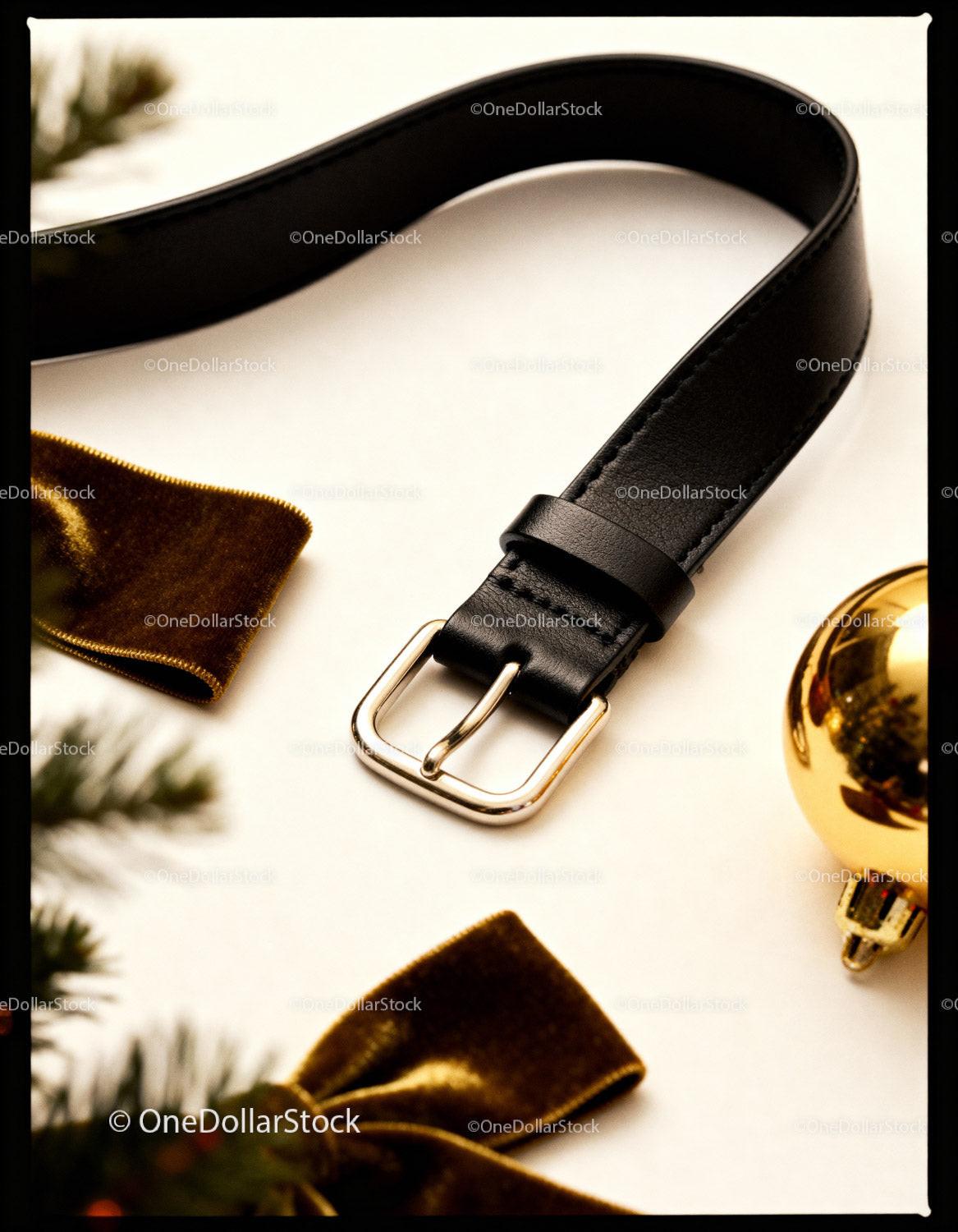 Black leather belt with gold buckle on white surface