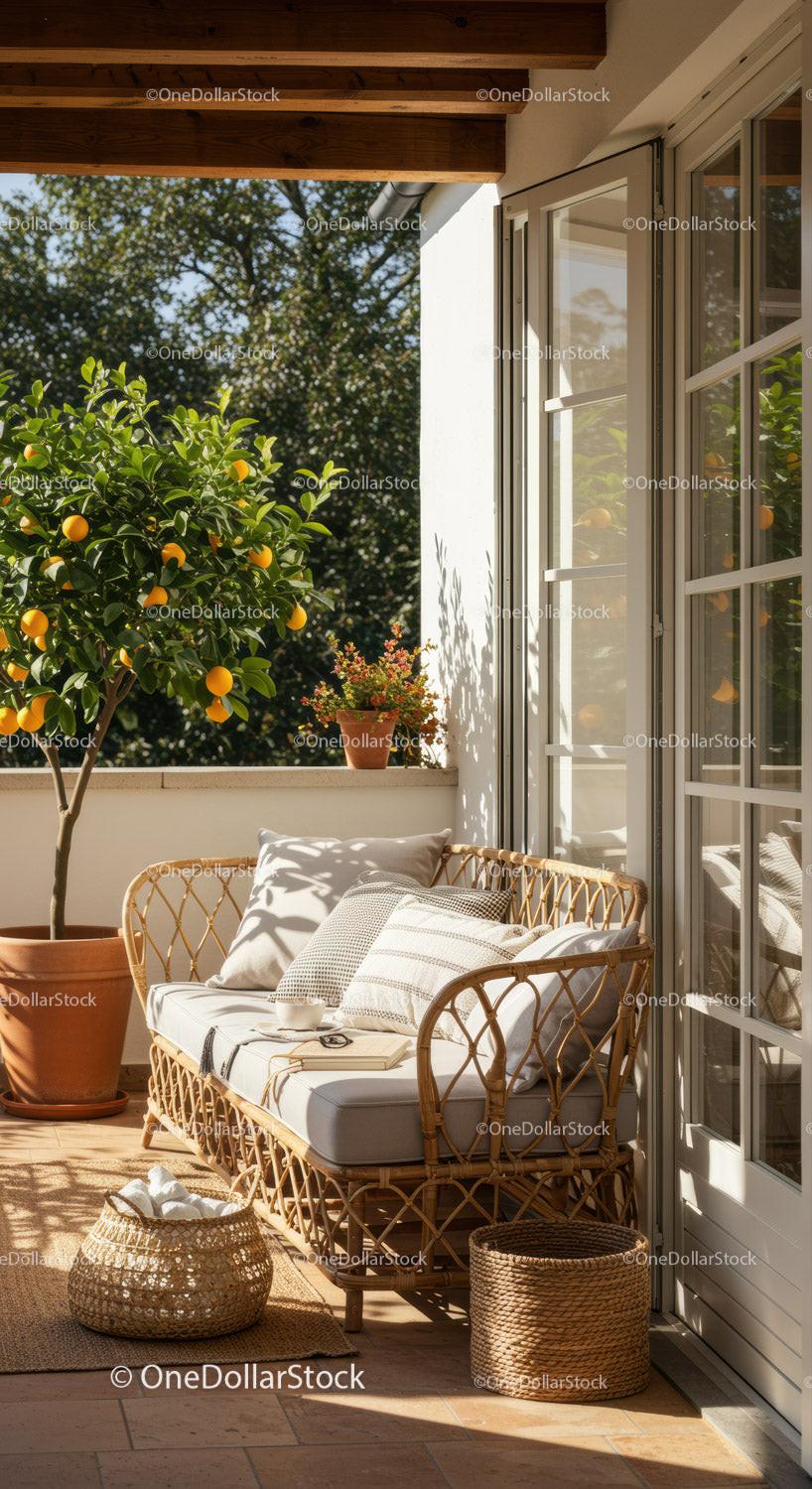 Cozy Balcony Corner with Rattan Sofa and Orange Tree