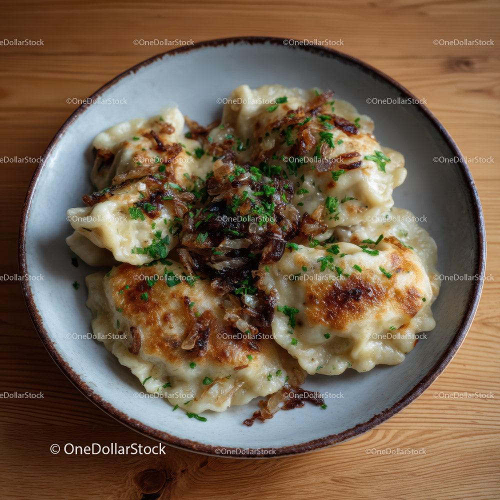 Dumplings with Bacon and Herbs Served in Rustic Bowl Stock Photo Bundle creative preview 4