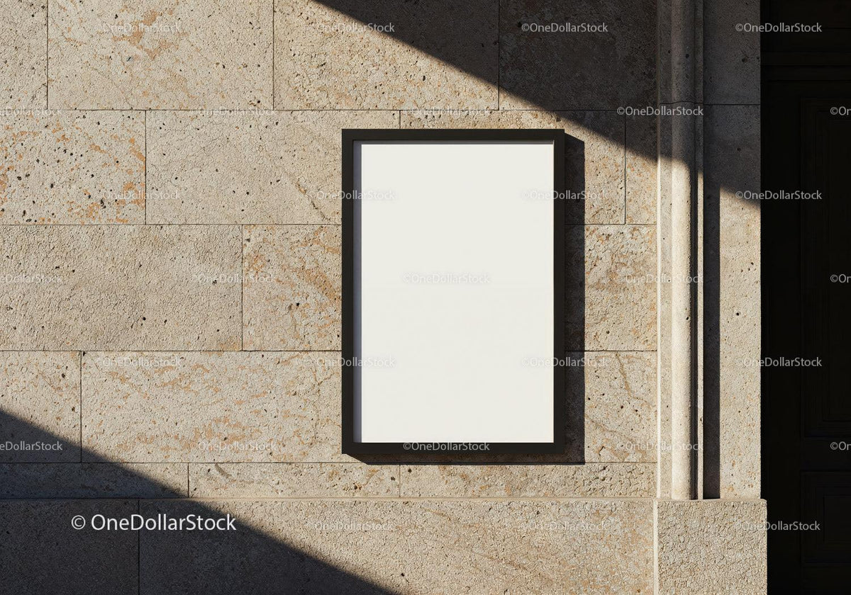 Blank poster frame on textured stone wall with shadows JPG Mockup Image preview