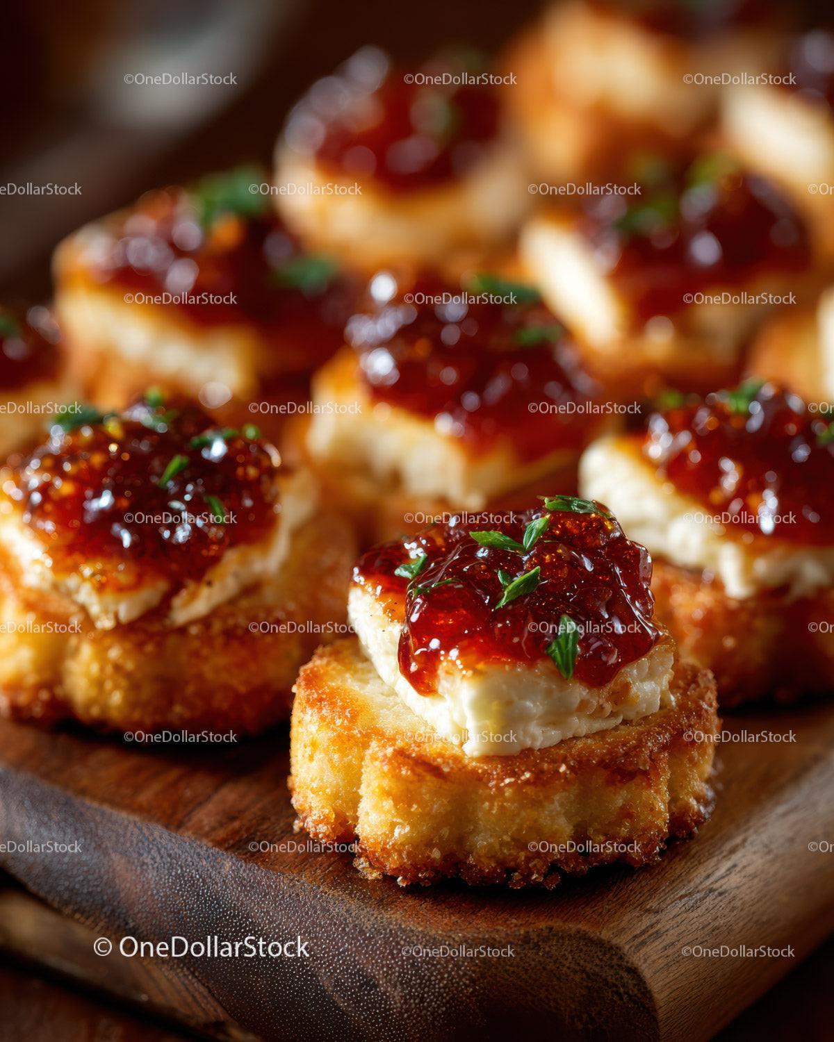 Gourmet Crostini with Cheese and Red Pepper Jelly on Rustic Platter 28 JPG Files digital asset preview