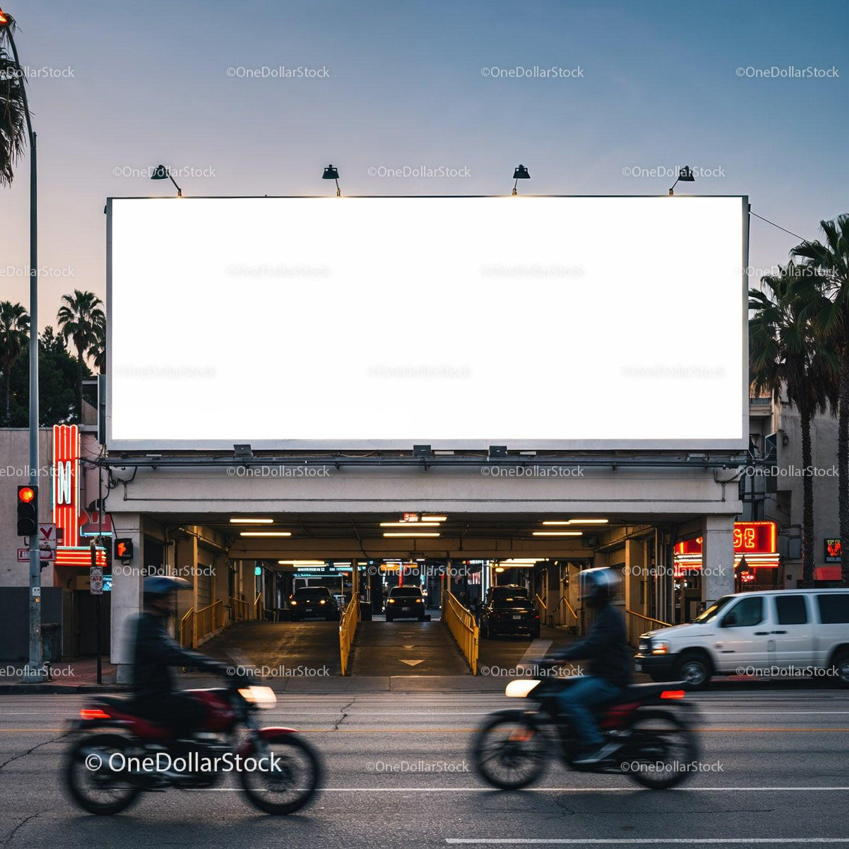 Empty urban billboard above busy city street at dusk JPG Mockup Image preview
