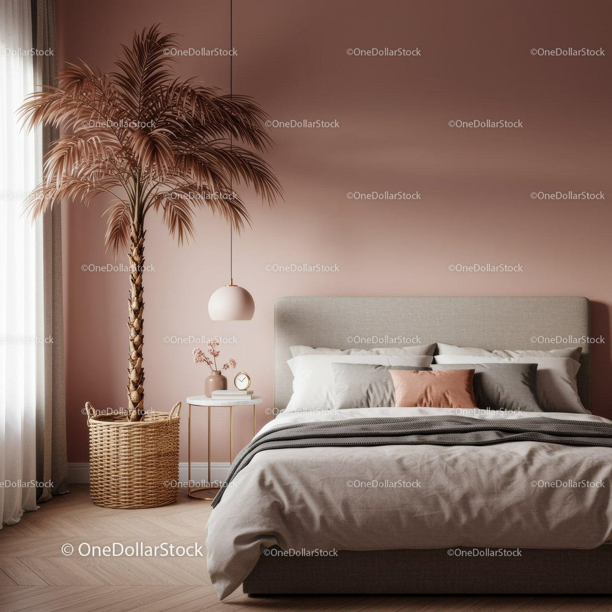 Elegant Modern Bedroom with Pink Accent Wall and Indoor Plant
