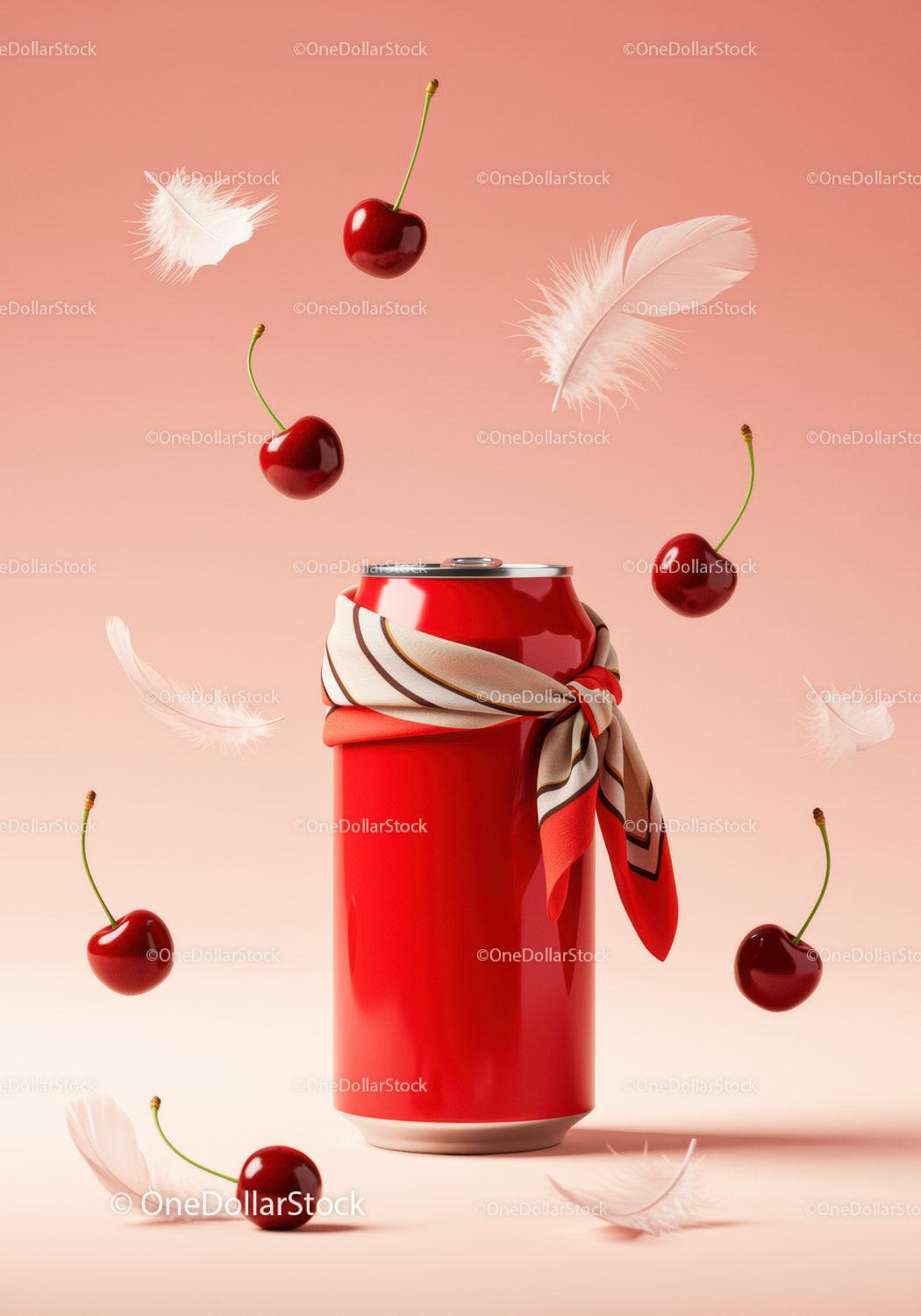 Red Soda Can with Scarf Surrounded by Cherries and Feathers