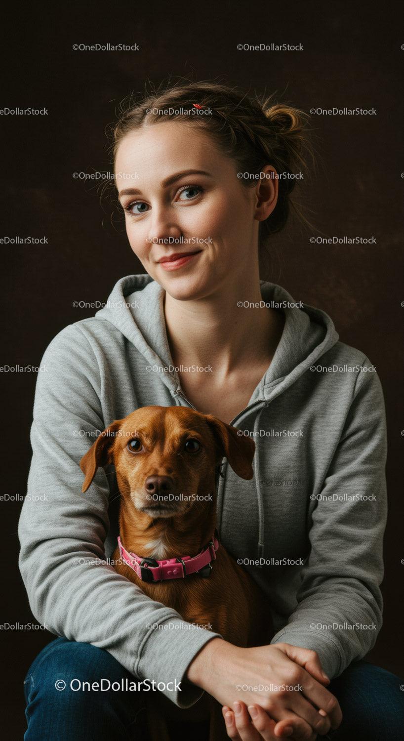 Young woman sitting with her small brown dog indoors