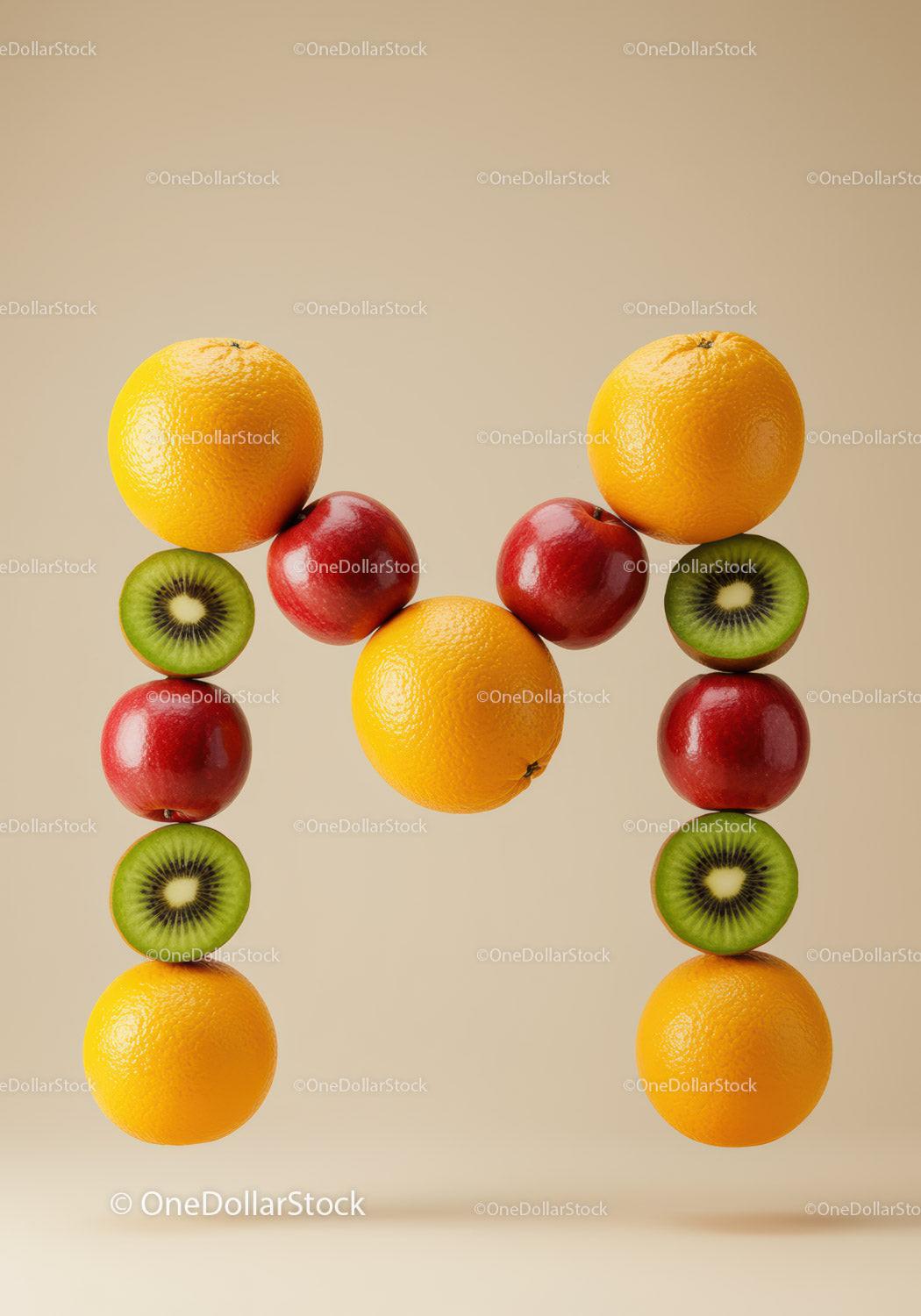 Letter M formed from fresh colorful fruits on beige