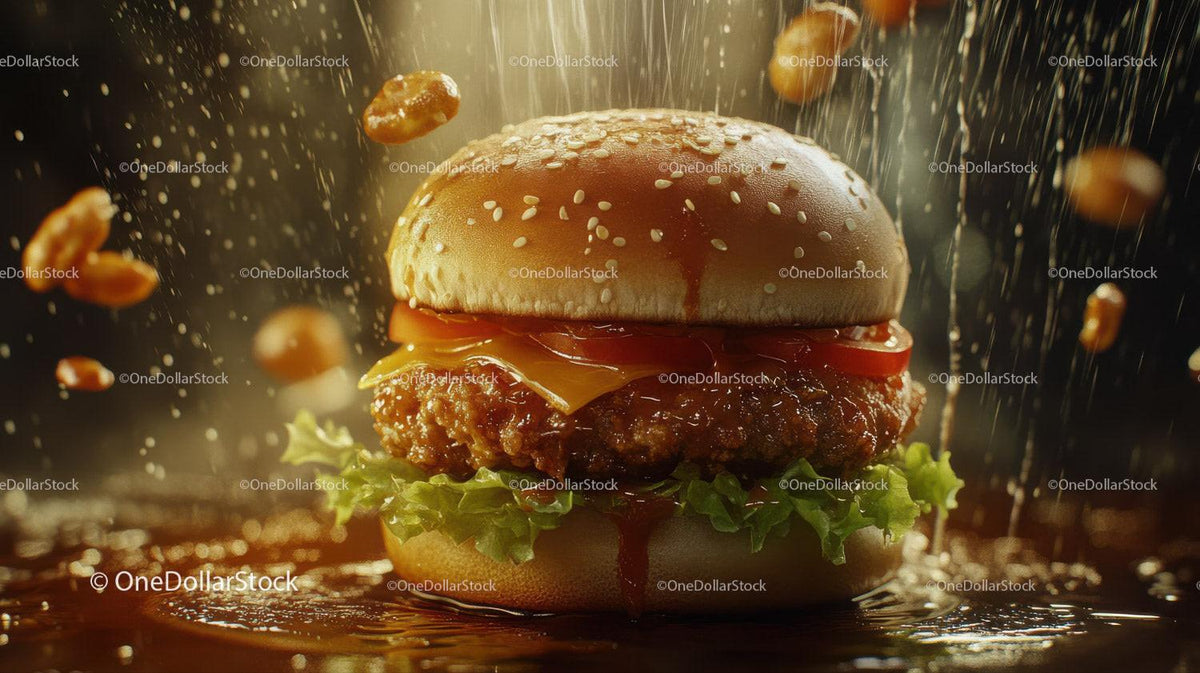 Closeup of cheeseburger with sesame bun lettuce tomato and cheese with falling peanuts