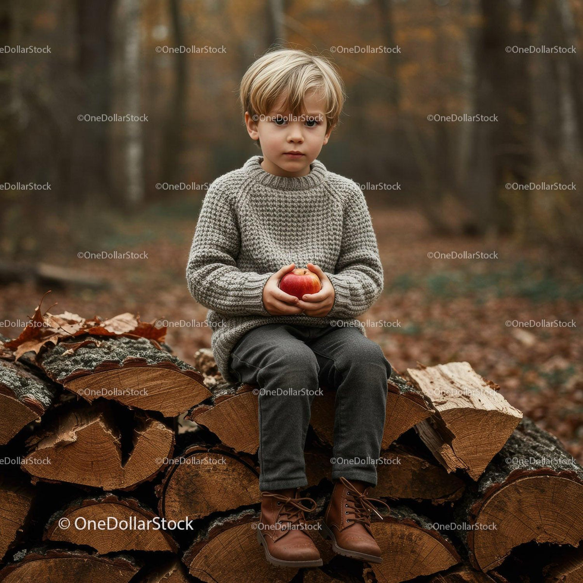 Young boy sitting on firewood stack holding red apple