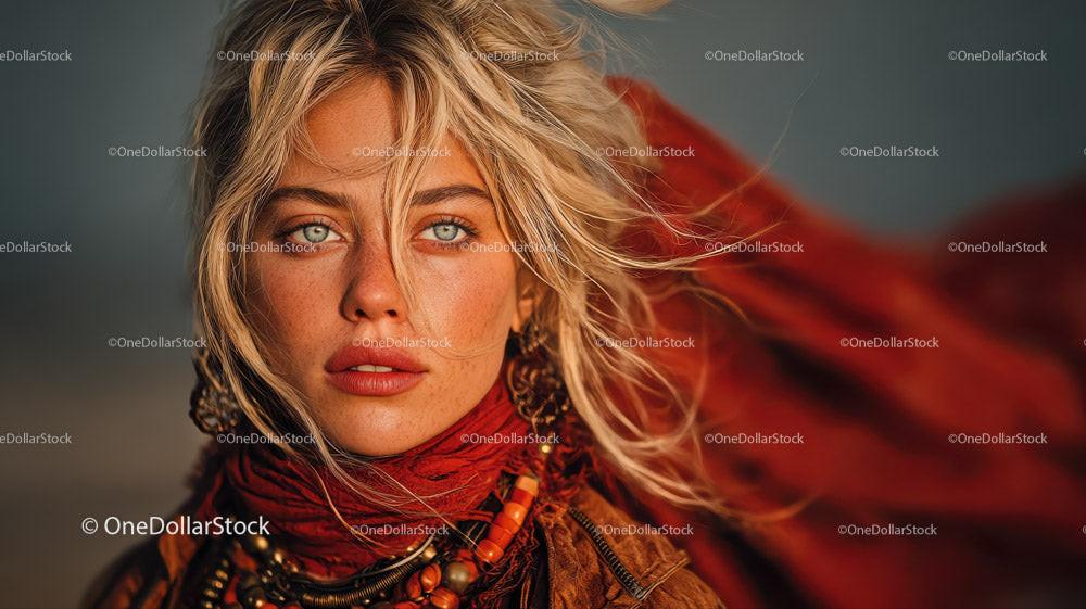 Fashion Portrait of a Blonde Woman with Blue Eyes and Red Scarf