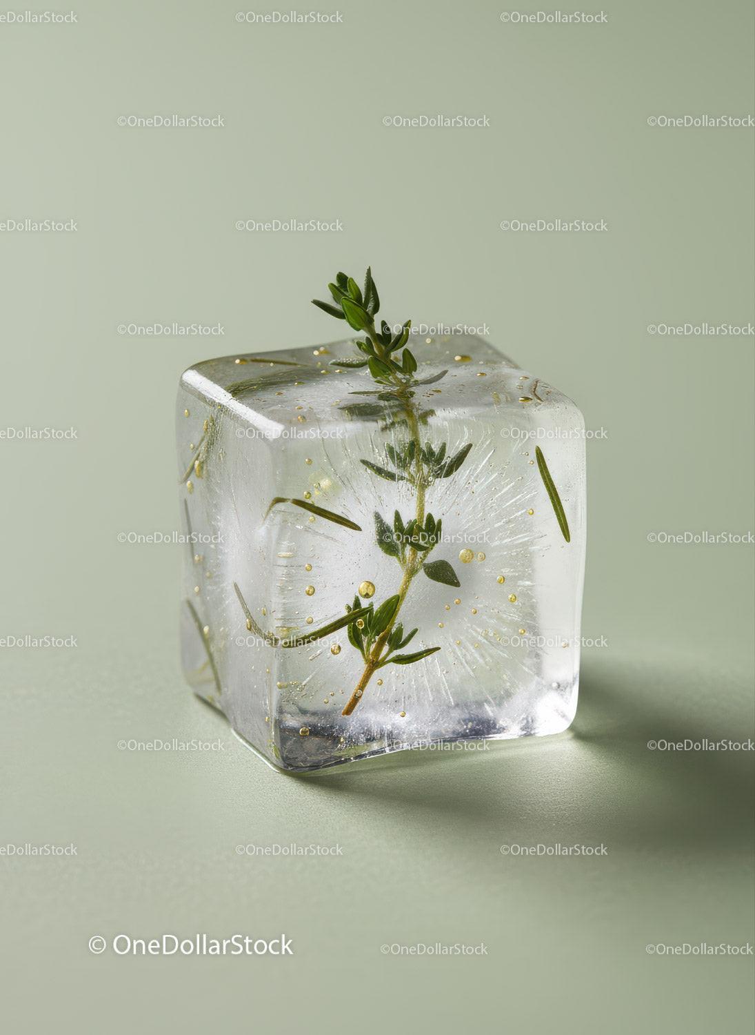 Fresh Herb Suspended Inside Clear Ice Cube on Green